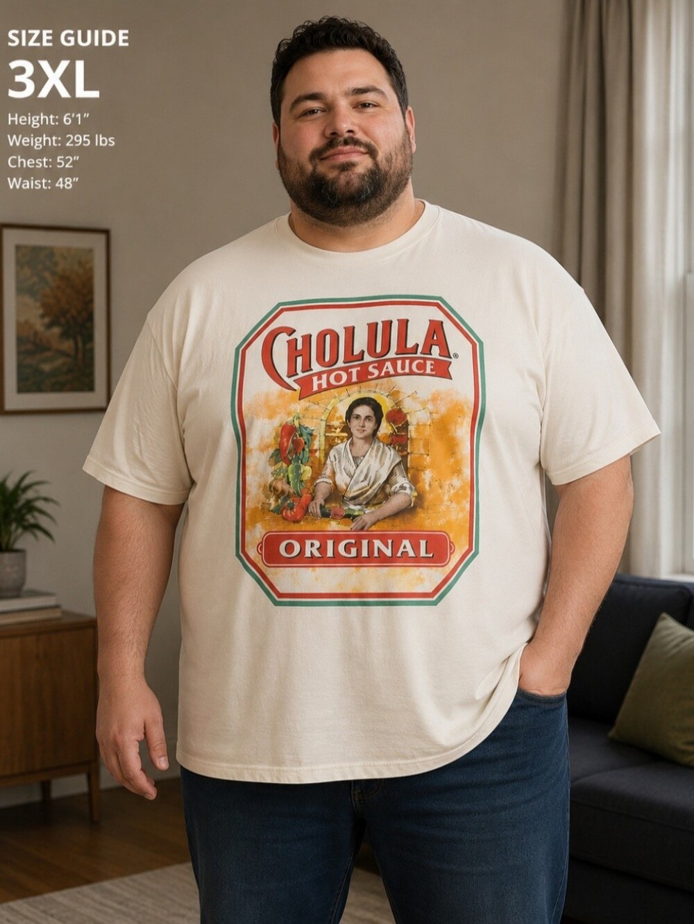 Cholula Hot Sauce Men's Size 3XL New  Graphic Print Beige Short Sleeve T-Shirt
